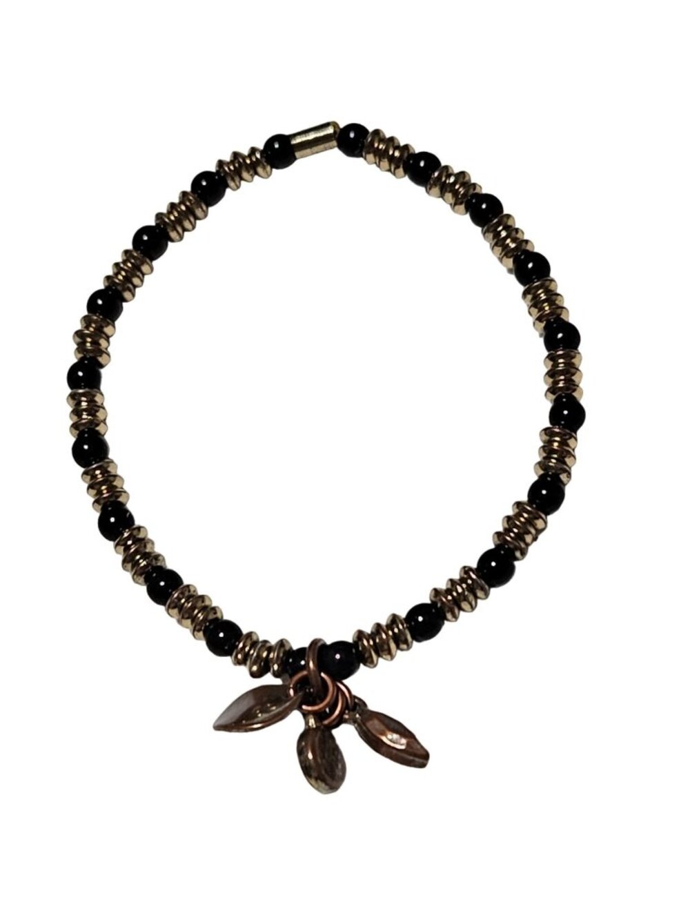 Elegant Leaf Charm Bracelet Gold Tone Black Beaded Stretch Fashion Jewelry Women